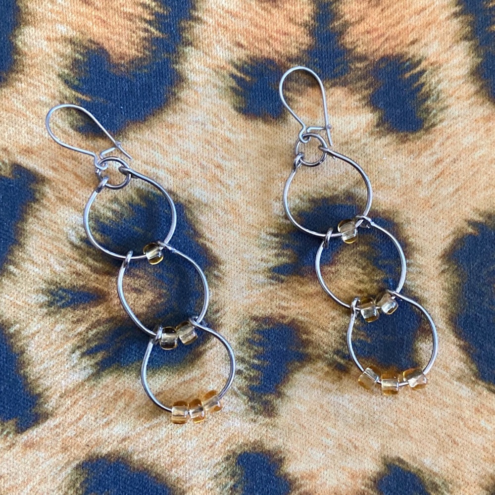 Vintage Yellow Bead Silver Circle Drop Earrings